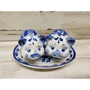 Vintage Russian GZHEL porcelain PIG salt & pepper SHAKERS